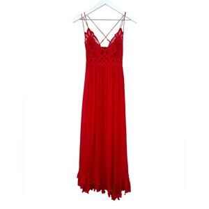 NWT Free People One Adella Maxi Slip Dress Red Lace Bodice Size XS